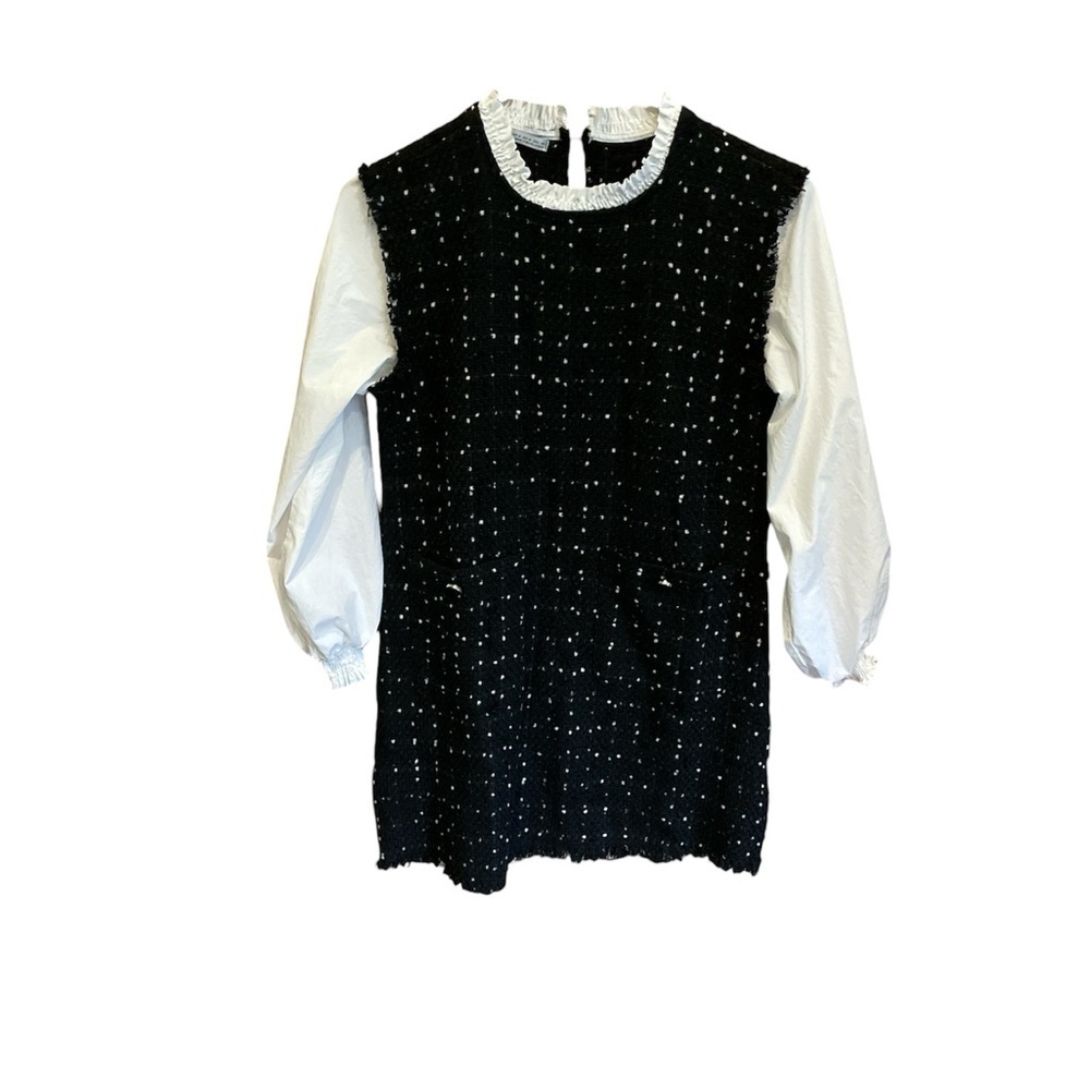 Zara Tweed Dress Black White Mini Bishop Sleeves Medium Work Office - Picture 2 of 7